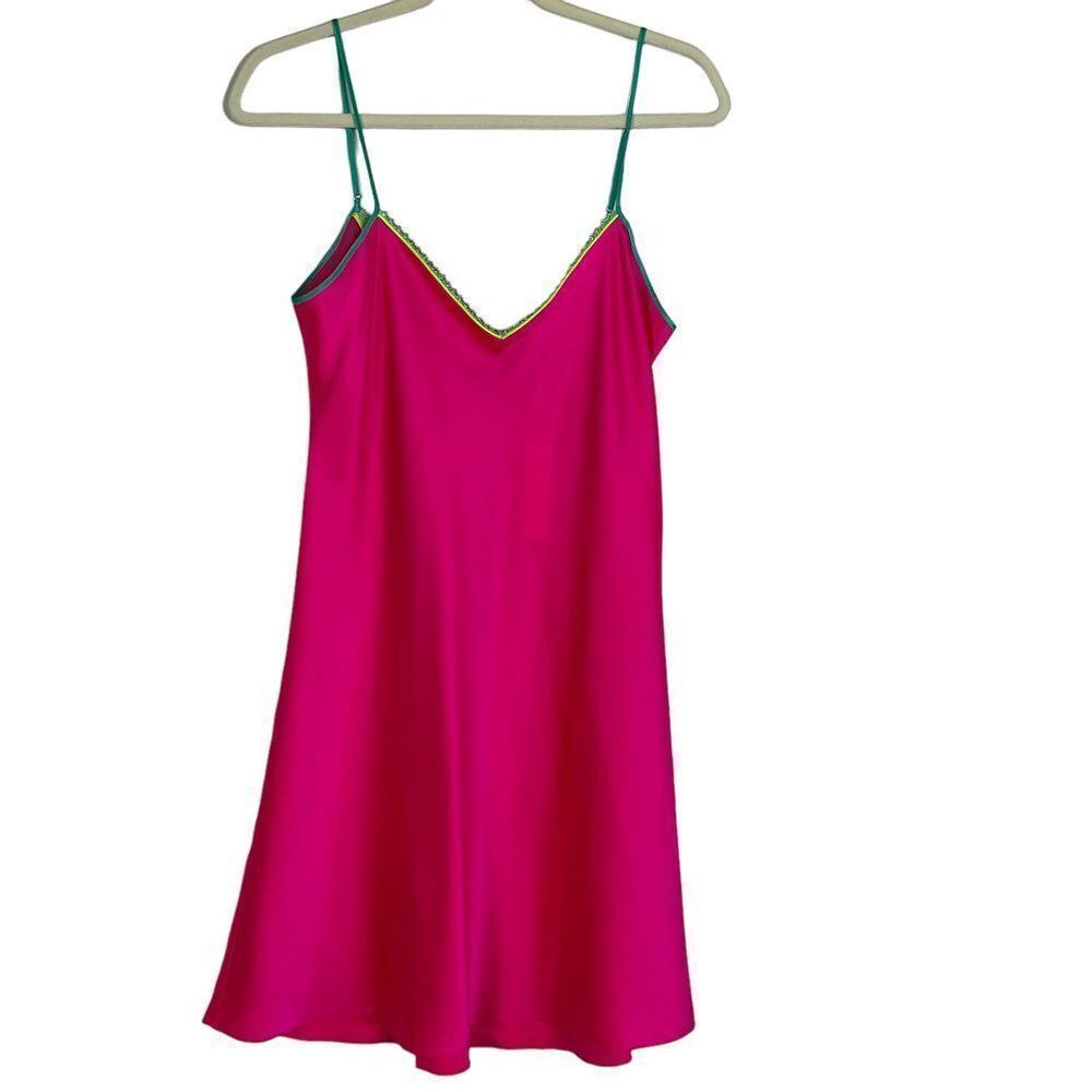 NWT Dannijo Acid Pink Lace-Trim Mini Slip Dress, Silk, Size Small - Picture 5 of 14